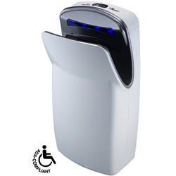 World Dryer VMax High-Speed Vertical Automatic Hand Dryer *** Discontinued *** Available in two finishes: White and Silver, Extremely fast 10–12 seconds drying time, Surface mounted